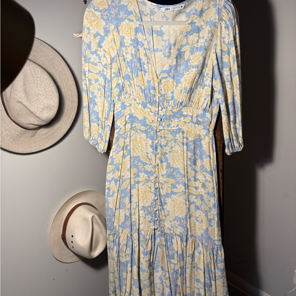 Zara Blue and Yellow Floral Long Sleeve Dress